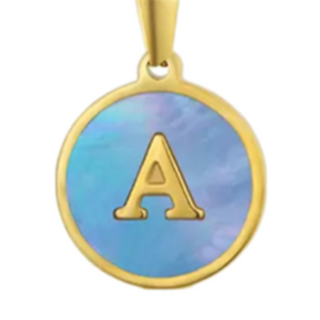 blue seashell inlay of a pendant with initial A